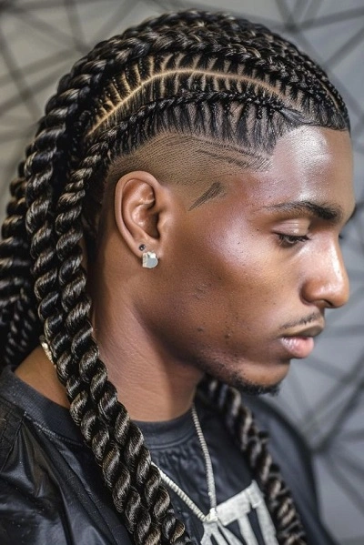 Black Men Fade Haircut Design with Cornrows