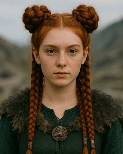 Redhead Viking Braids Double Bun Woman
